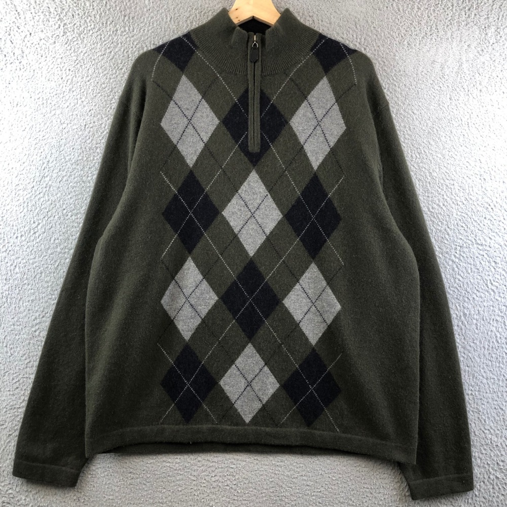 Paolo Mondo Mens XL Cashmere‎ Argyle 1/4 Zip Sweater Olive Green Pullover